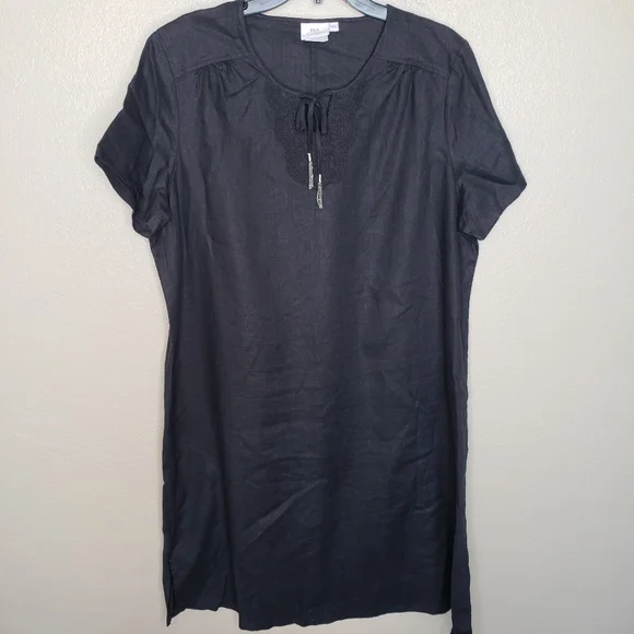 Hot Cotton Dresses | Hot Cotton Linen Dress Xl Short Sleeve Black With Embroidered Neckline, Tassels | Color: Black | Size: Xl | Mastiffsmile's Closet